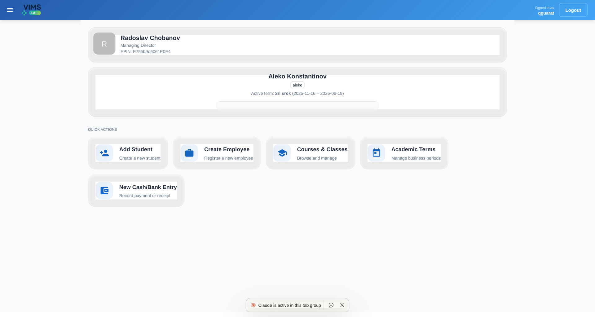 CampusBase dashboard — director profile and quick actions